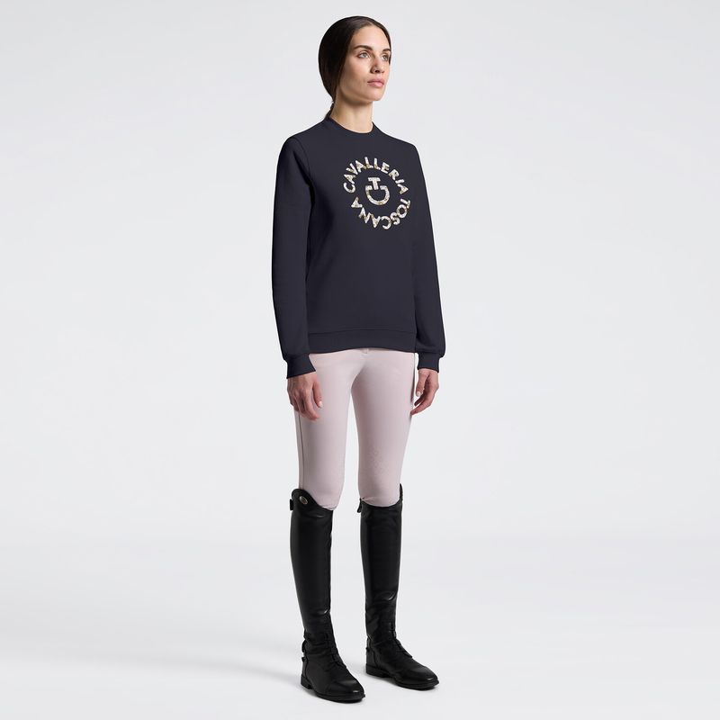 Women's Crew Neck Sweater with Floral Embroidery| Cavalleria Toscana - Charcoal